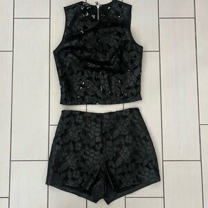 Bebe Black Lace Faux Leather Sleeveless Top and Shorts Set 00